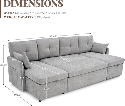 Huatean Home Oversized Sleeper Sofa Couch, 100 inch 2 in 1 Pullout Couch Bed with Side Pockets for Living Room, Sectional Sleeper Sofa Bed with Double Storage Chaise, LightGrey