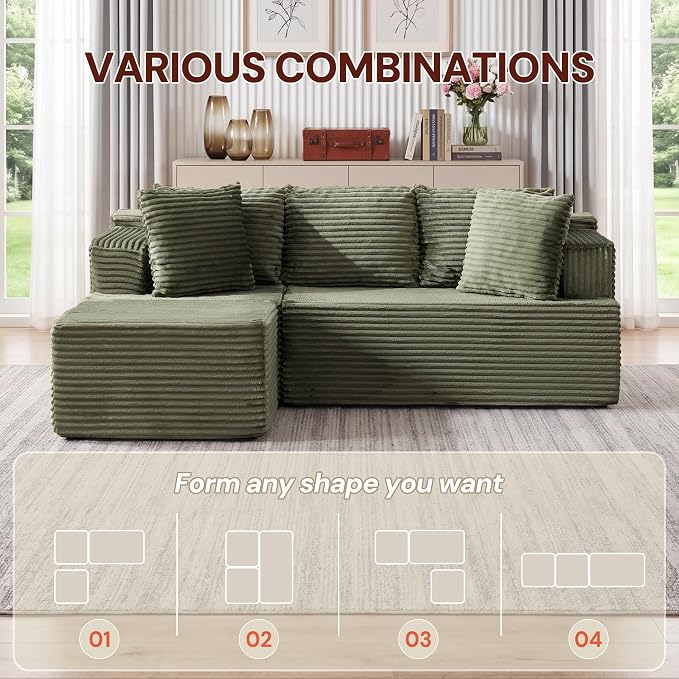 Korser Boneless Couches for Living Room, Cloud Couch Sectional with Ottoman, L-Shaped Sofa with Fluffy Comfy Corduroy Deep Seat, Bedroom, Apartment, No Assembly Required