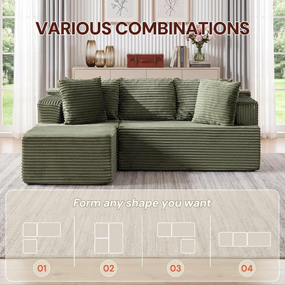 Korser Boneless Couches for Living Room, Cloud Couch Sectional with Ottoman, L-Shaped Sofa with Fluffy Comfy Corduroy Deep Seat, Bedroom, Apartment, No Assembly Required
