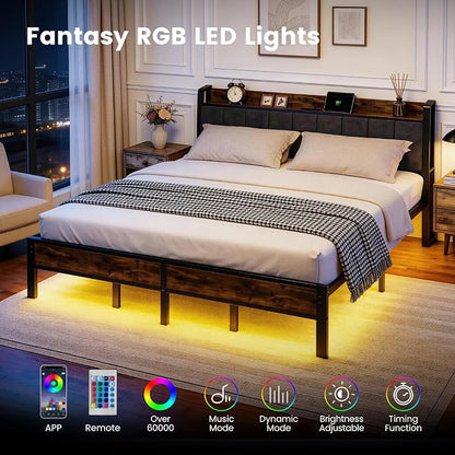 Liians King Size Bed Frame with Charging Station, Storage Headboard Smart LED Lights, Metal Platform Bed Frame with USB Ports, Noise Free, No Box Spring Needed, Easy Assembly