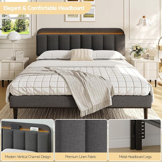 Adjustable Headboard for King/California King Size Bed Frame, Linen Fabric Bed Headboard with Storage & RGB LED Light in Modern Vertical Channel Design, Dark Grey