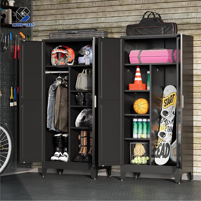 COFaR Metal Wardrobe Closet, 71'' Tall Steel Bedroom Armoire with Adjustable Hanging Rod and Shelves, Broom Closet Storage Cabinet for Garage Laundry Office, Farmhouse Black