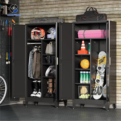 COFaR Metal Wardrobe Closet, 71'' Tall Steel Bedroom Armoire with Adjustable Hanging Rod and Shelves, Broom Closet Storage Cabinet for Garage Laundry Office, Farmhouse Black