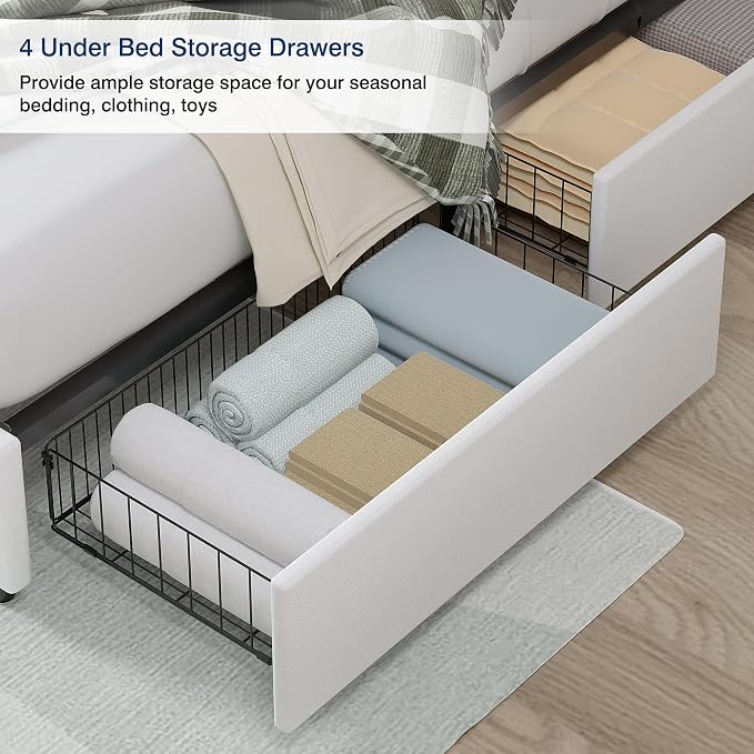 VECELO Queen Size Bed Frame with 4 Drawers, Adjustable Headboard, Upholstered Platform with Wood Slats Support, Built-in USB and Type C Ports, Off White