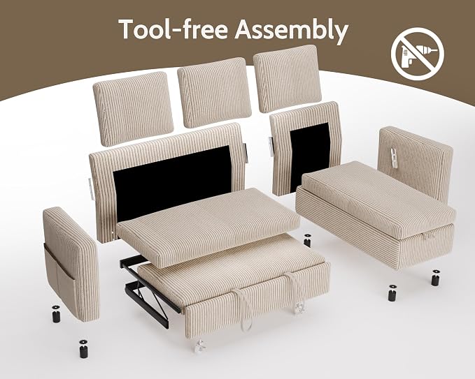 WEUP 82" L Shaped Sectional Sleeper Sofa Bed with Pull Out Bed, Sectional Sleeper Couch Pull Out Couch with Reclining Backrest/Reversible Storage Chaise/USB Ports/Tool-Free Assembly, Corduroy Beige