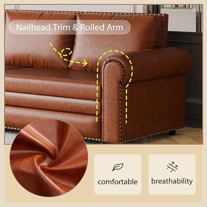93.7" King Size Sleeper Sofa Bed, Pull Out Sofa Bed, Faux Leather Upholstery, 3 in 1 Convertible Sleeper Couch, Chaise Lounge, Retro Recliner for Living Room, Office, Apartment, Light Brown