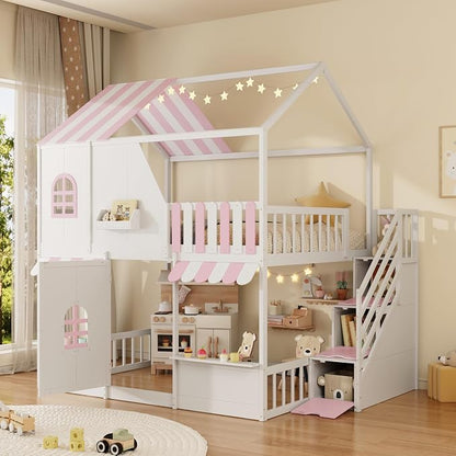 Merax Full Over Full Wood House Bunk Bed with Storage Staircase & Shelves, Floor Multifunction Bunk Bed with Full Length Gardrails for Bedroom,Playhouse Design, Roof & Door, Space Saving,White+Pink