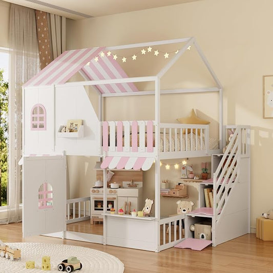Merax Full Over Full Wood House Bunk Bed with Storage Staircase & Shelves, Floor Multifunction Bunk Bed with Full Length Gardrails for Bedroom,Playhouse Design, Roof & Door, Space Saving,White+Pink