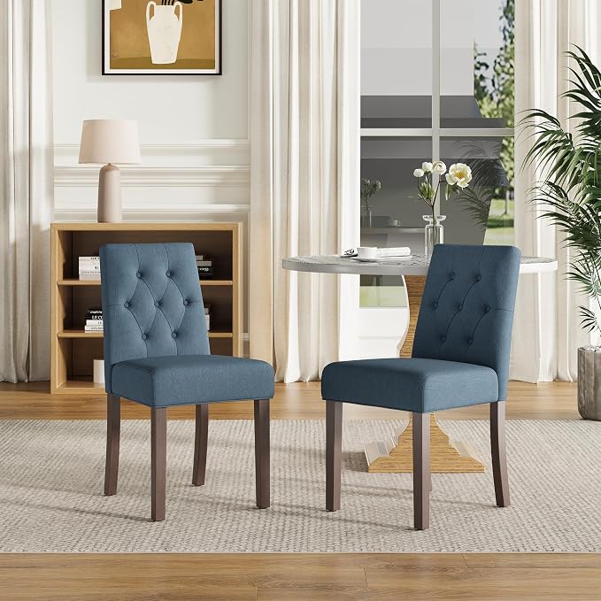 Upholstered Dining Chairs Set of 2 - Modern Parsons Kitchen & Dining Room Chair with Diamond Tufted Back, Solid Wooden Legs for Apartment, Café, Vanity