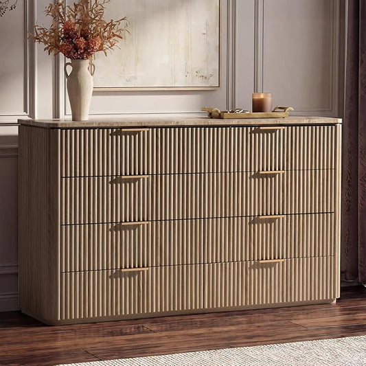 Dresser for Bedroom with 8 Drawers, 54"W Chest of Drawers, Fluted Dresser with Faux Marble Top, Curved Profile Design, Metal Handle, Wood Closet Storage Organizer for Living Room, Hallway, Natural Oak