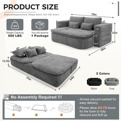 75" Boneless Couch Bed, Corduroy Fold Up Sleeper Sofa for Adults, Memory Foam Frameless Floor Couch with 4 Pillows & Blanket, No Assembly Foldable Guest Bed for Apartment,Living Room