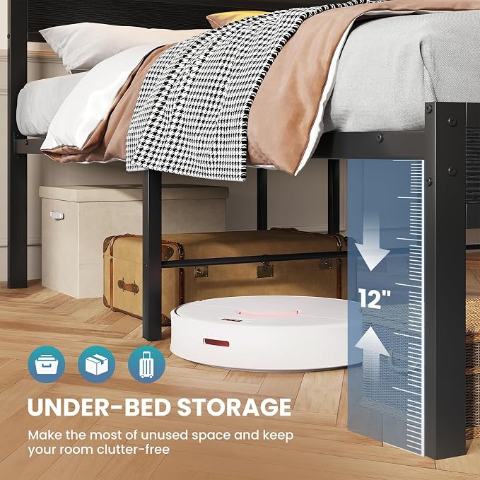 Sweetcrispy Bed Frame Full Size with LED Lights and Charging Station, Sturdy Platform Beds Frame with Storage Drawers, 3-Tier Shelves and Under Bed Storage, No Box Spring Needed, Black