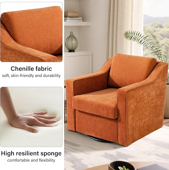 Swivel Accent Chair, Modern Round Barrel Arm Chair for Living Room, Bedroom, Comfy Club Reading Chairs for Adults (Chenille Orange, Set of 1)