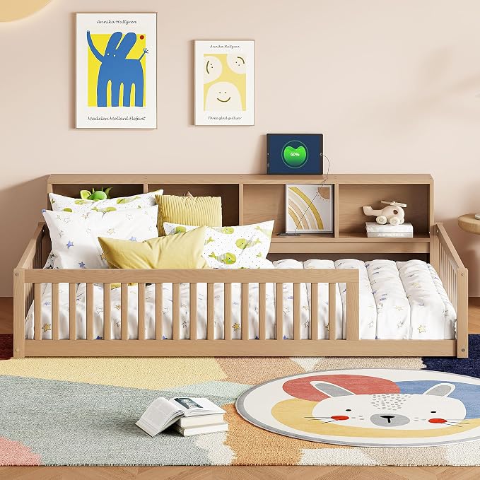 Bellemave Kids Montessori Floor Bed Twin XL Size,Floor Bed Frame with Bookcase and Charging Station for Kids Boys Girls