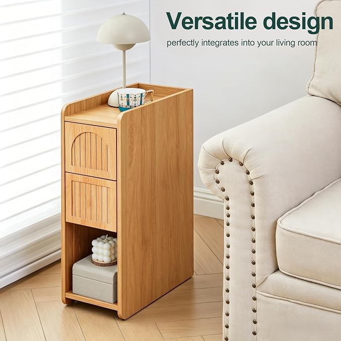 Narrow Nightstand Set of 2, Wooden Small 2 Drawer Nightstand, Slim Side End Table, Skinny Bedside Table, Mid Century Modern Night Stand with Drawers for Bedroom (Yellowish Natural)