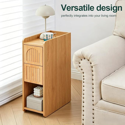 Narrow Nightstand Set of 2, Wooden Small 2 Drawer Nightstand, Slim Side End Table, Skinny Bedside Table, Mid Century Modern Night Stand with Drawers for Bedroom (Yellowish Natural)