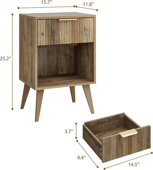 YAUKOMEL Fluted Night Stand with Opening Storage,Mid Century Bedside Table with Drawer,Wood Nightstand with Legs,End Table Side Table for Living Room,Bedroom,Caramel Oak 11.8"Dx15.7Wx 25.2"H CTG56BR