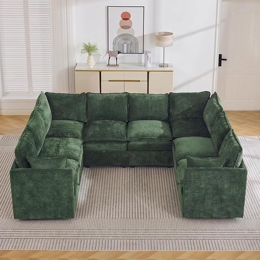 105" Green Oversized Modular Storage Sofa, U Shaped Chenille Cloud Couch | Oversized Convertible Sectional Sofa, 8-Seat Sectional Couch With Armrests, Large Cloud Couch For Living Room, Apartment.