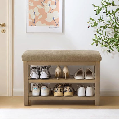 Zihanhome 2 Tier Shoe Rack Bench with Cushion, Solid Wood Shoe Benches, Mid-Century Modern Shoe Storage Bench for Entryway, Hallway, Living Room, Closet, Front Door Entrance, (Brown, 31.5")