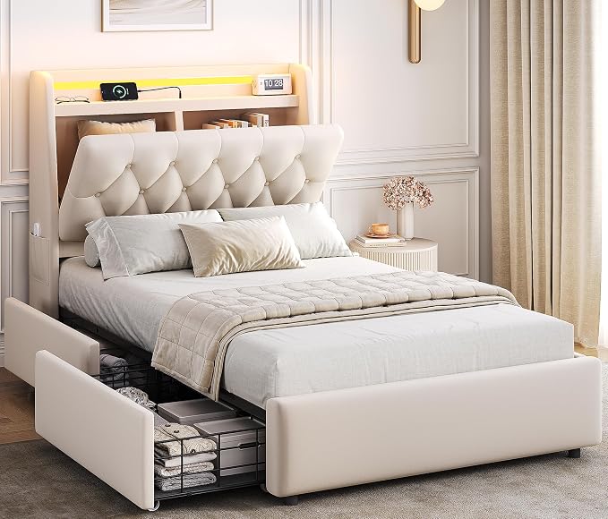 Twin LED Velvet Bed Frame with 2 Storage Drawers&Hidden Headboard, Upholstered Platform Bed with Charging Station&Button Tufted Design, Wooden Slats Support, Box Spring Optional, Easy Assembly, Beige