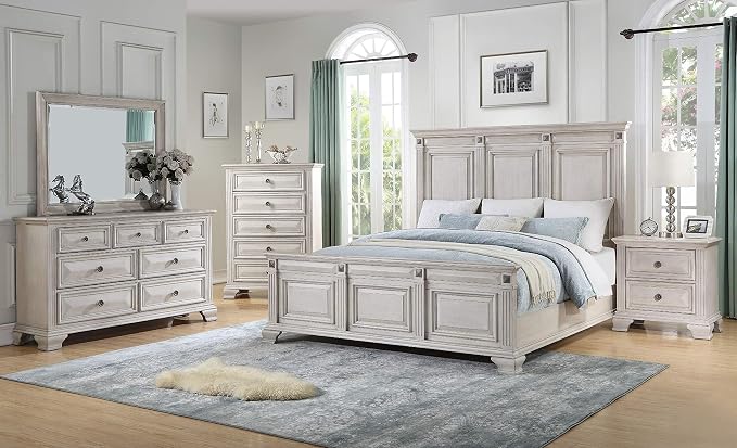Roundhill Furniture Renova Distressed Parchment Wood Bedroom Set, King Panel Bed, Dresser, Mirror, Nightstand, Chest
