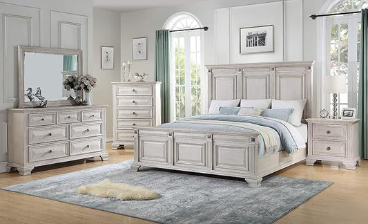 Roundhill Furniture Renova Distressed Parchment Wood Bedroom Set, King Panel Bed, Dresser, Mirror, Nightstand, Chest