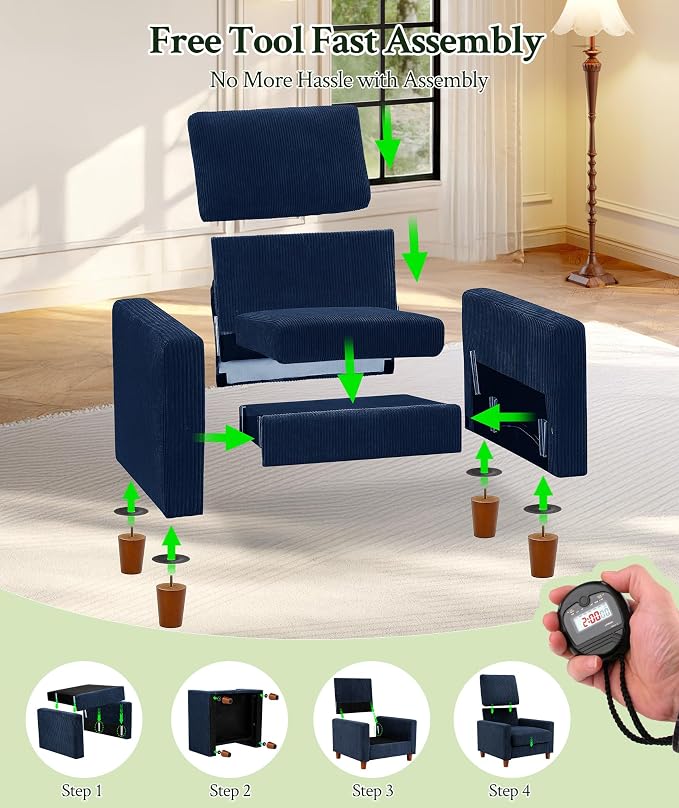 Welzona 35.3" Couches for Living Room, Comfy Blue Couch Single with 22.5" Deeper Seat, Accent Chair Tool-Free Setup, Reading Chair 440lbs Support, Corduroy Couch for Bedroom, Apartment, Office
