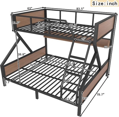 Bellemave Bunk Bed Queen Over King with LED, Heavy Duty Metal Bunk BedFrame with Storage Shelves and Lights, Woodgrain+Black