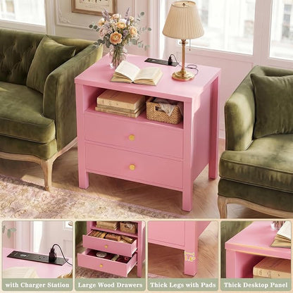 Aheaplus Nightstand with Charging Station, 23.6'' Large Bed Side Table with Wooden 2 Drawers, Night Stand for Bedroom, End Table with Open Storage Shelf for Living Room, Pink