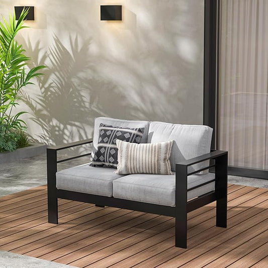 Wisteria Lane Aluminum Outdoor Sofa, 2 Seats Patio Couch All-Weather Rust-Proof Modern Metal Patio Furniture with 5" Thick Olefin Cushions, Light Grey