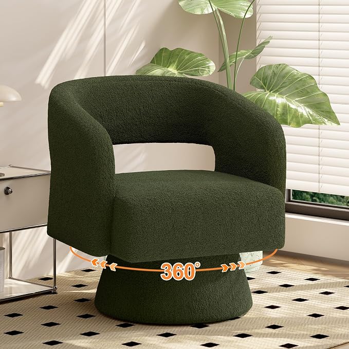 Swivel Barrel Accent Chair,Oversized Teddy Upholstered Round Swivel Chair,Modern Luxury 360 Degree Living Room Vanity Chair for Bedroom Office,Green