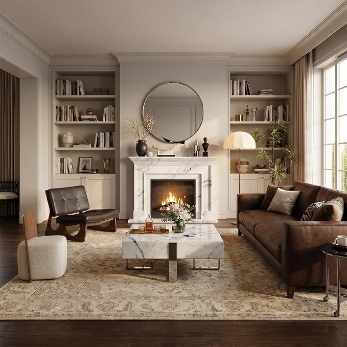 White and Silver Coffee Table, Modern Square Center Table with Faux Marble Tabletop and Mirrored Chrome Legs for Living Room Apartment Office