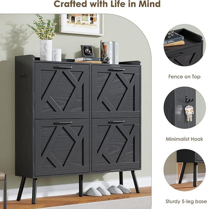 Nicetree Shoe Cabinet with 4 Flip Drawers, Hidden Shoe Rack Cabinet with Metal Legs, Farmhouse Narrow Shoe Storage Cabinet for Entryway, Foyer, Hallway, Black