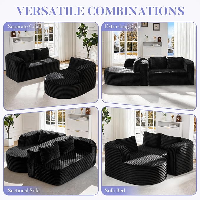 Hobestluk Modular Sectional Sofa Couches L-Shape Couch 3 Seat Modular Sofa Memory Foam Sectional Couches for Living Room, Cloud Couch (Round Black, 96", Left Hand Facing)