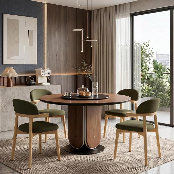 MOJAY Dining Chairs Set of 4 Natural Oak, Linen Green with Curved Armrests