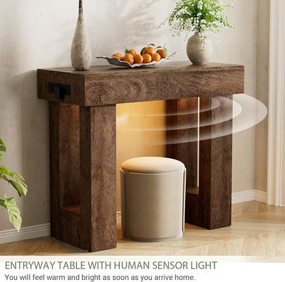 Unikito 39" Entryway Table with Socket and Sensor Light, Narrow Console Table with Storage Behind Couch, Farmhouse Entryway Table for Hallway, Behind the Couch, Living Room, Foyer, Rustic Oak
