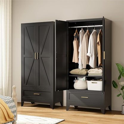 71" Tall Metal Armoire Wardrobe Closet,17.7" Deep By 31.5" Wide Portable Closet for Hanging Clothes,Wardrobe Cabinet with Drawer and Shelve for Bedroom Office Garage,Black 1 Pack