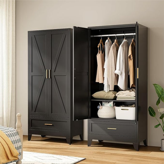 71" Tall Metal Armoire Wardrobe Closet,17.7" Deep By 31.5" Wide Portable Closet for Hanging Clothes,Wardrobe Cabinet with Drawer and Shelve for Bedroom Office Garage,Black 1 Pack