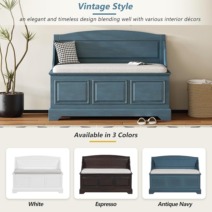 Knocbel Rustic Entry Storage Bench with Hidden Compartments and Removable Cushion, Wooden Entryway Hallway Foyer Shoe Bench Bedroom End of Bed Bench (Antique Navy and Beige)