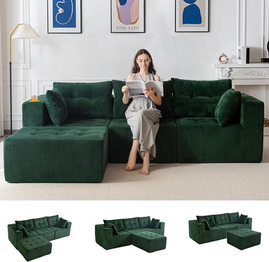 MAXYOYO Modular Sectional Sofa Couch, L Shaped Modern Cloud Couch with Ottoman, Sofa in A Box, Tufted 4-Seat Boneless Sleeper Chair for Living Room, No Assembly Required, Green