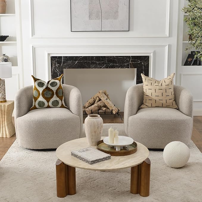 KINWELL 34" Wide Boucle Swivel Barrel Chairs Set of 2, No Assembly Round Upholstered Armchairs Accent Chairs Single Sofa Chair with Toss Pillow for Living Room and Bedroom, Taupe