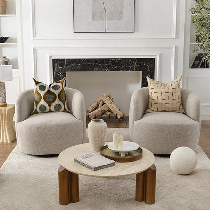 KINWELL 34" Wide Boucle Swivel Barrel Chairs Set of 2, No Assembly Round Upholstered Armchairs Accent Chairs Single Sofa Chair with Toss Pillow for Living Room and Bedroom, Taupe