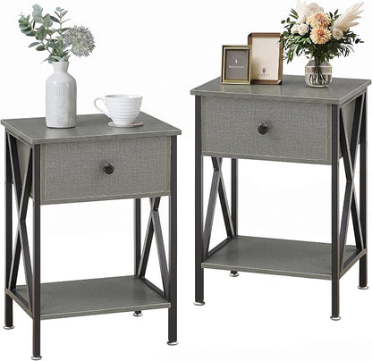 VECELO Nightstands Set of 2, Modern Bedside End Tables, Night Stands with Drawer and Storage Shelf for Living Room Bedroom, Industrial Metal Frame