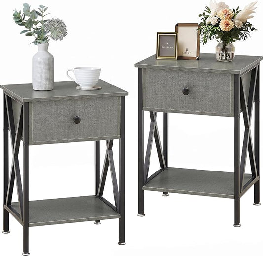 VECELO Nightstands Set of 2, Modern Bedside End Tables, Night Stands with Drawer and Storage Shelf for Living Room Bedroom, Industrial Metal Frame