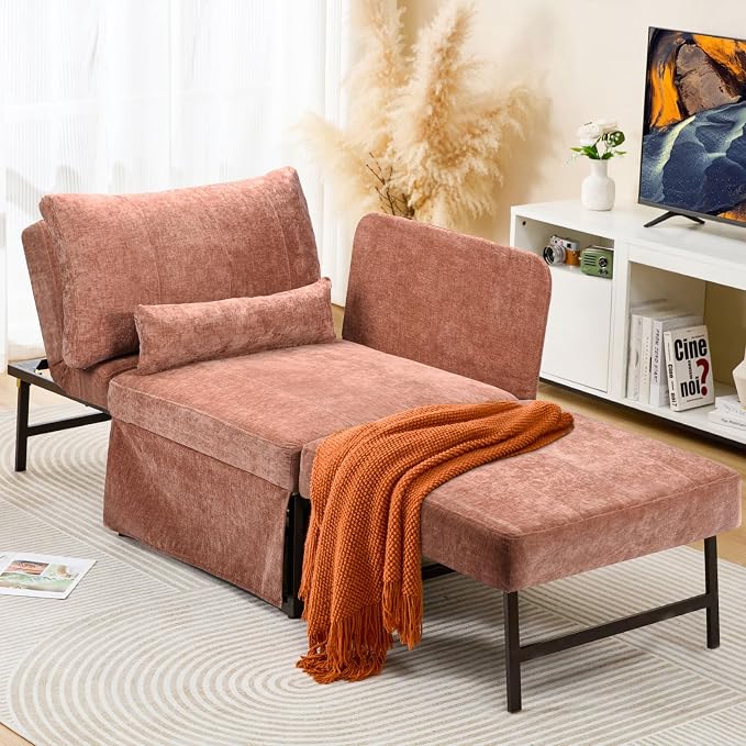 ZZW Sleeper Chair Bed Upgrade 4-in-1 to 5-in-1 Convertible Multi-fuction Sofa Chair w/Adjustable Backrest Assembly-Free Linen Folding Sofa Ottoman Bed for Living Room Apartment (Warm Brown)