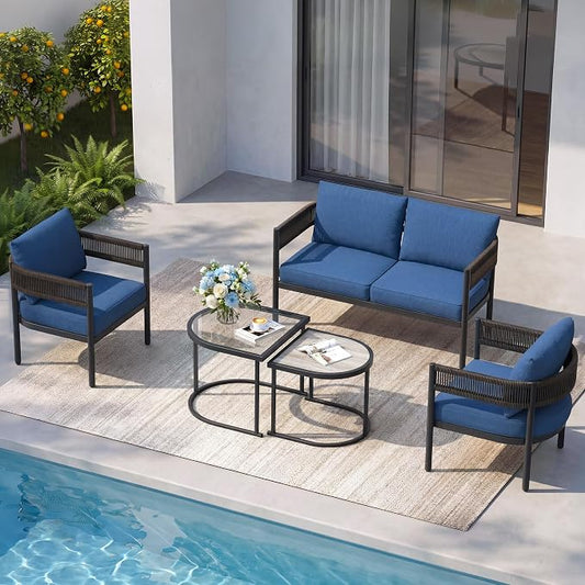 Grand patio 5-Piece Outdoor Furniture Set, 4 Seats Wicker Sofa Conversation Set with Thick Cushions and Coffee Table, for Backyard, Balcony, Garden (Peacock Blue)