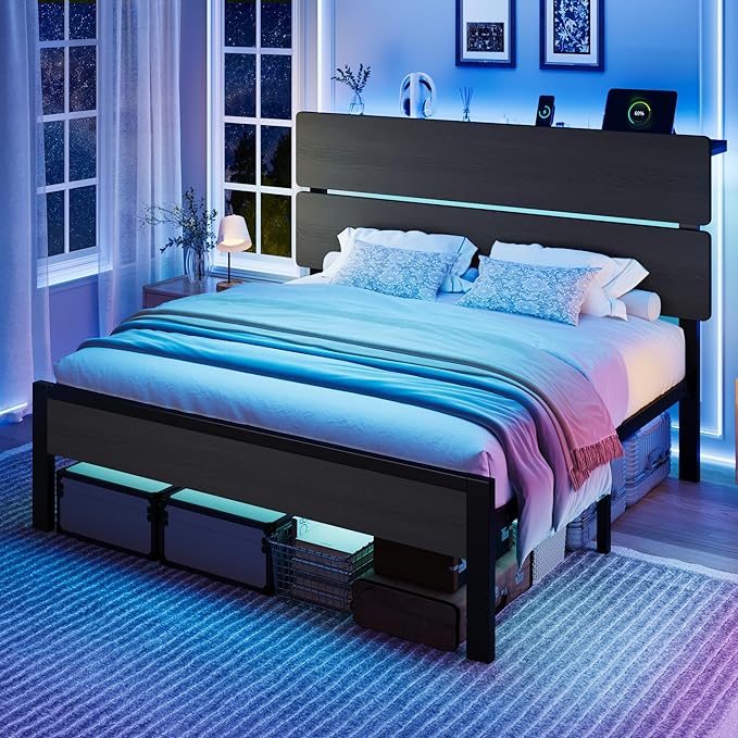 SHA CERLIN Full Size Bed Frame with Led Light & Built-in Charging Station, Wooden Headboard with Storage Shelf, Metal Platform Bed, Under Bed Storage, No Box Spring Needed, Noise Free, Black