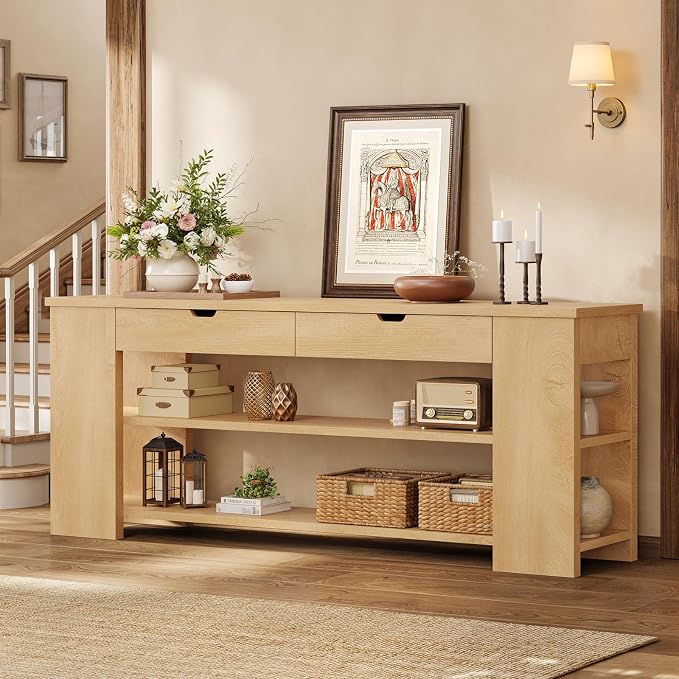 71.8 Inch Extra Long Console Table with Drawers, Farmhouse Long Console Table with Shelves & Built-in Outlets, Entryway Table with Storage for Living Room, Entryway, Hallway, Natural