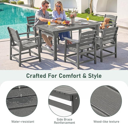 Furnimart 7-Piece Outdoor Dining Set, 67" HDPE Dining Table and Chairs for 6, All-Weather Patio Dining Set with Umbrella Hole, Outdoor Furniture Set for Backyard, Garden, Lawn & Poolside, Grey