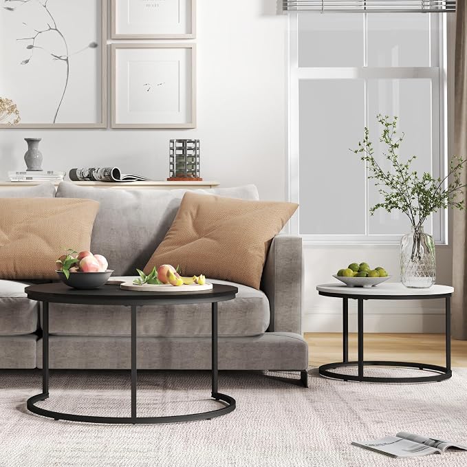 Otterease Nesting Tables Set of 2, 31.5" Round Coffee Table, Small Nesting Coffee Table with Adjustable Non-Slip Fee, Wood Grain Top Nesting Tables for Living Room, Bedroom (Wood Grain Black&White)